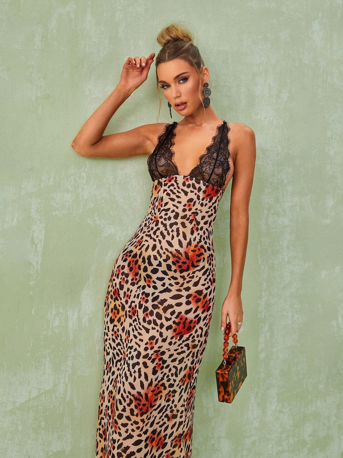 V-Neck Lace Trim Spaghetti Strap Leopard Bodycon Maxi Dress