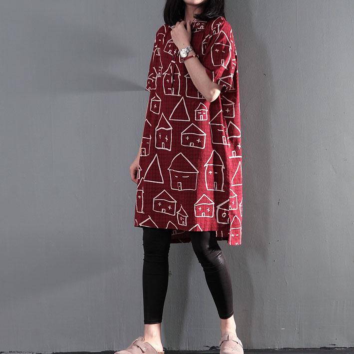 Sweet house print cotton shift dress sundress plus size summer blouse