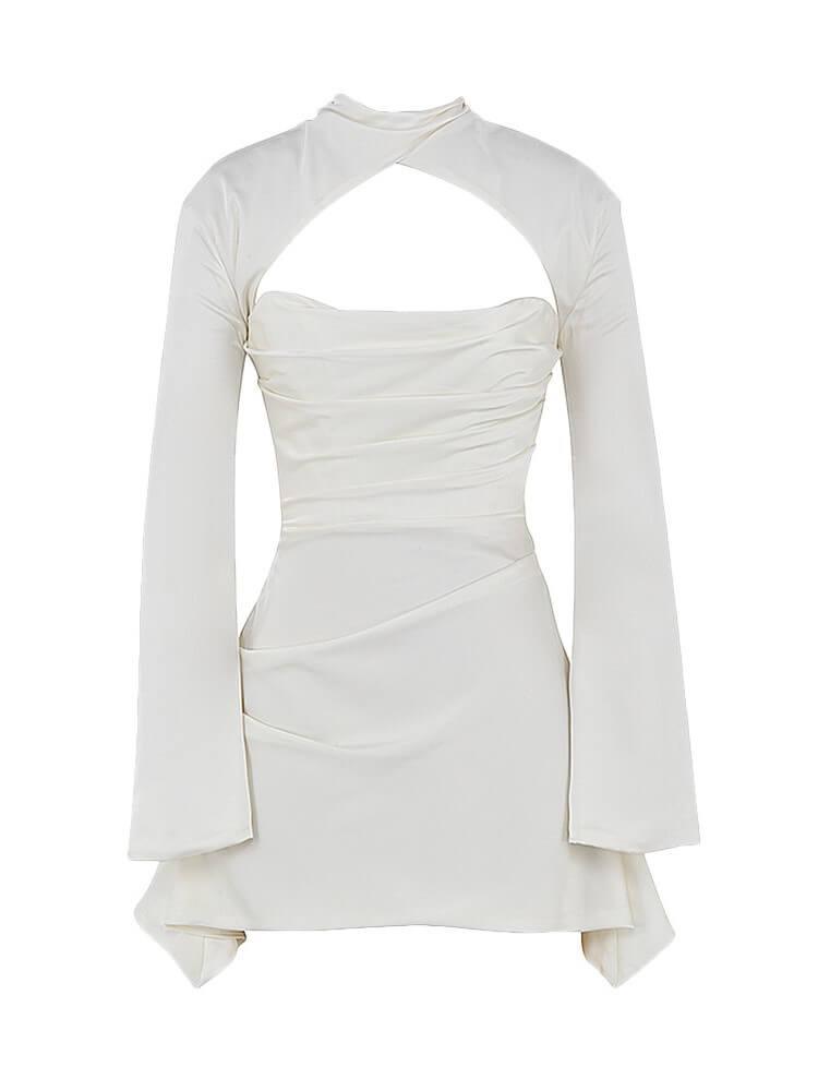 High Neck Flare Sleeve Satin Cutout Ruched Wrap Mini Dress