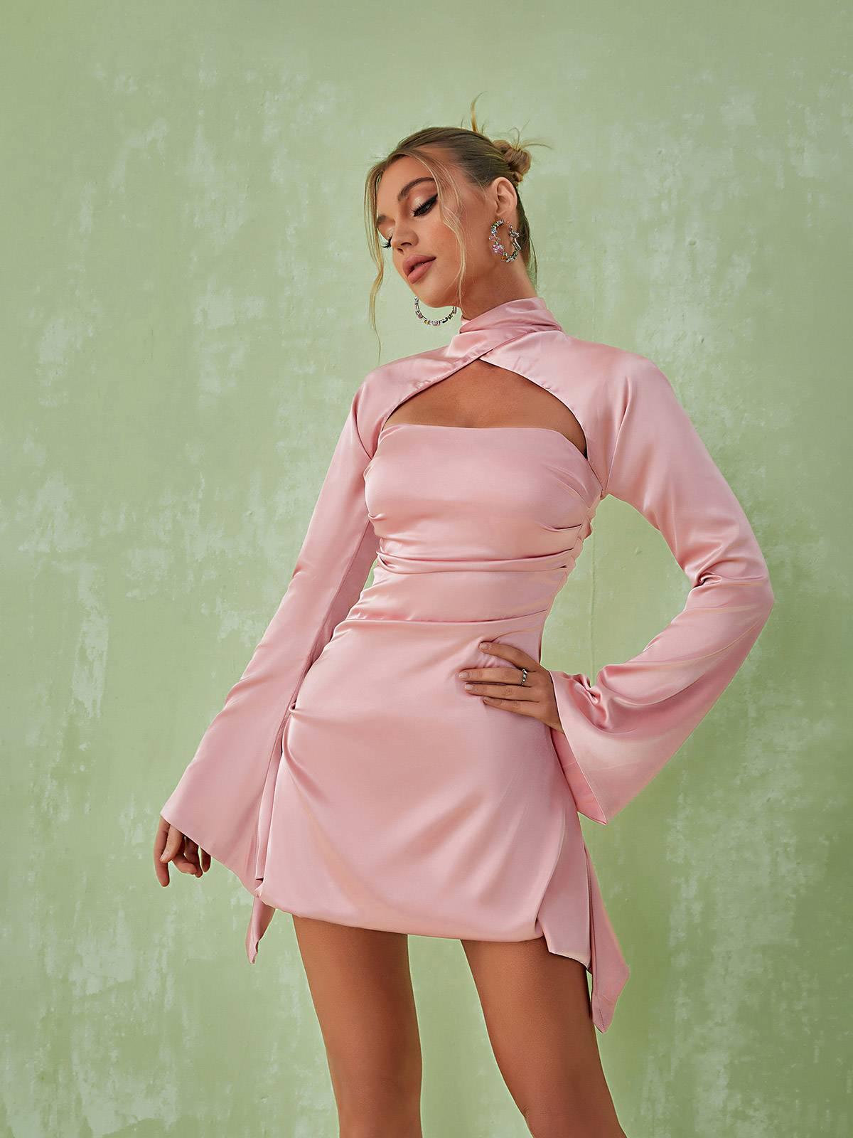 High Neck Satin Cutout Flare Sleeve Ruched Bodycon Mini Dress