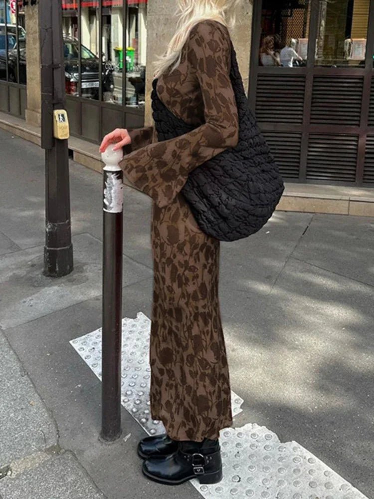 New Street Slim Retro Print High Waist Femme Bodycon Maxi Dress
