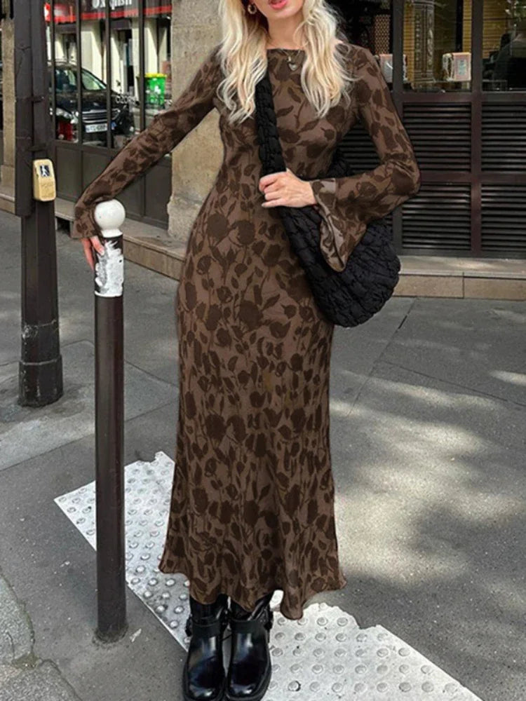 New Street Slim Retro Print High Waist Femme Bodycon Maxi Dress