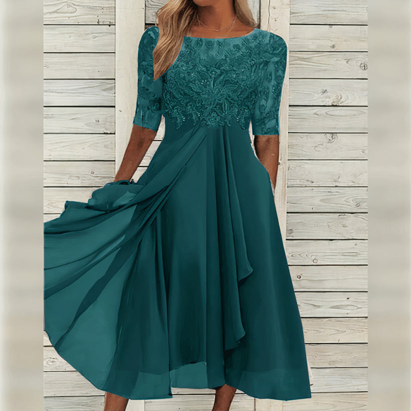 Round Neck Lace Applique Illusion Half Sleeve Chiffon Midi Dress 8