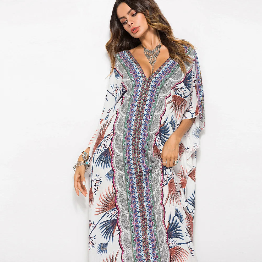 Cotton Rayon Floral Print Maxi Boho Cover up blue / One Size bohocoverup-250126