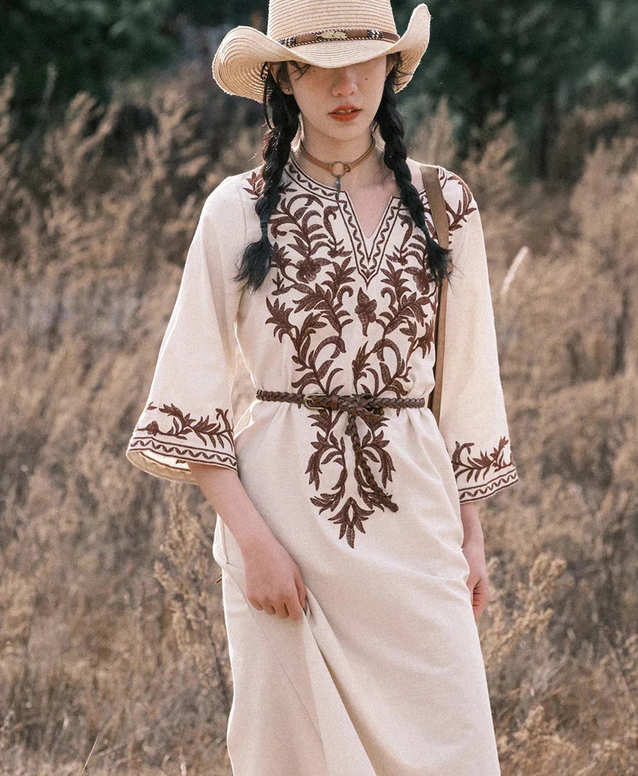 Cotton Linen Floral Boho Dress