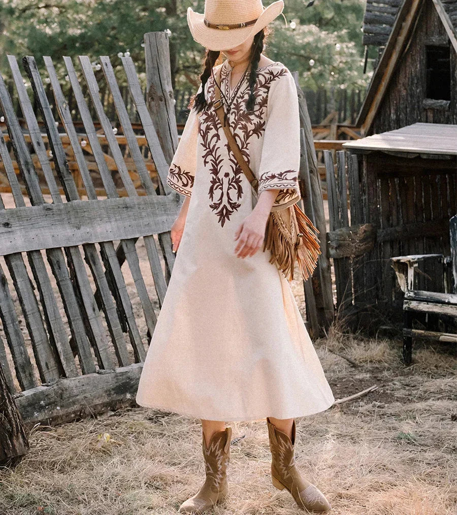 Cotton Linen Floral Boho Dress