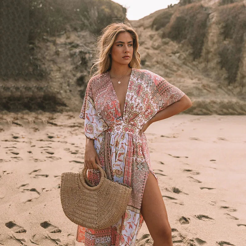 Floral Smock Frock Chiffon Bikini Cover Up Boho Dress Pink / S bohocoverup-250126
