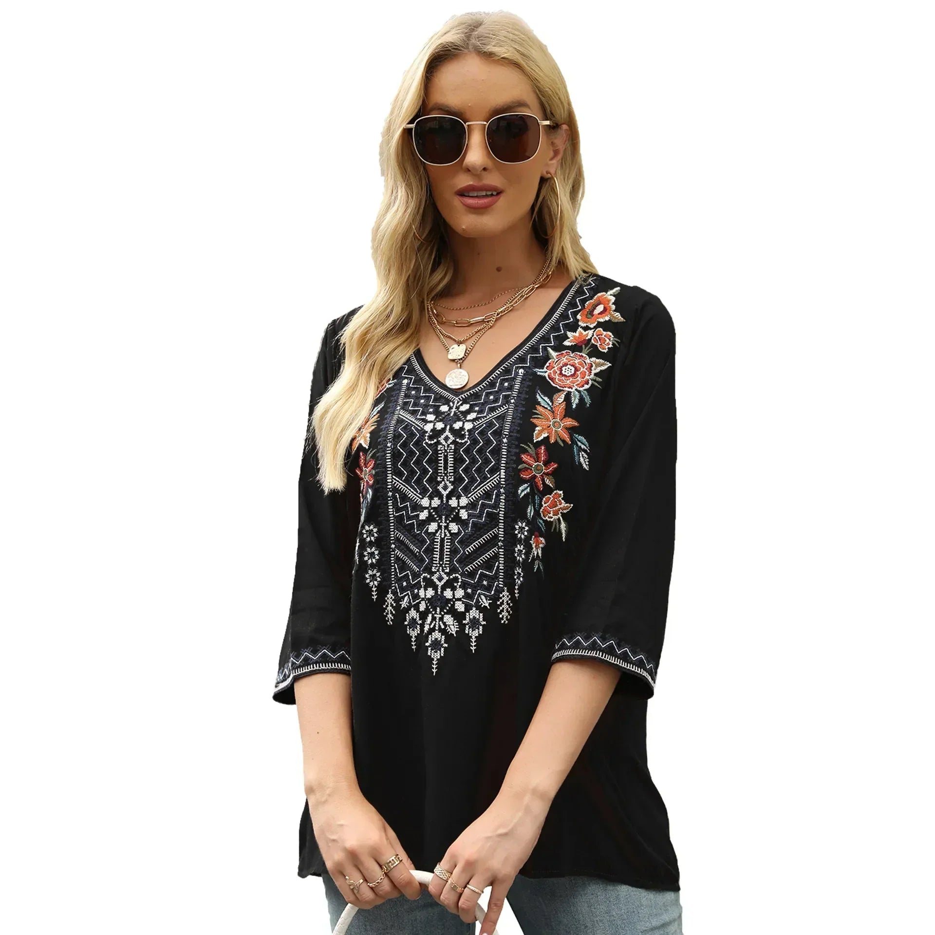 Vintage Floral Embroidery Loose Cotton Long Sleeve Boho Blouse Black / S bohoblouse-250126