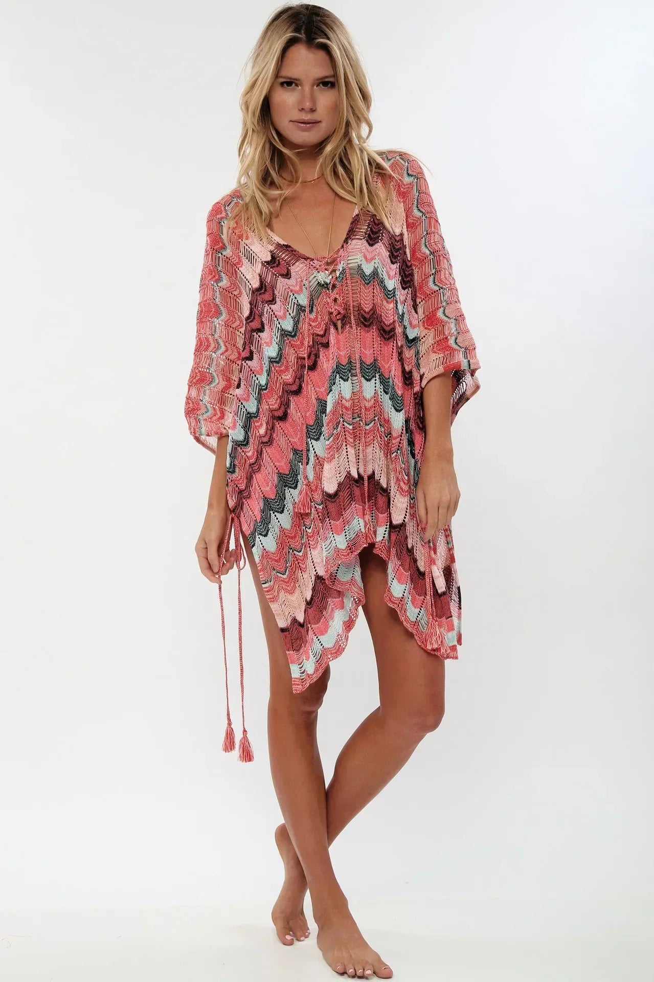 Hollow Deep V-neck Lace Boho Mini Dress Cover up Pink / One Size bohocoverup-250126