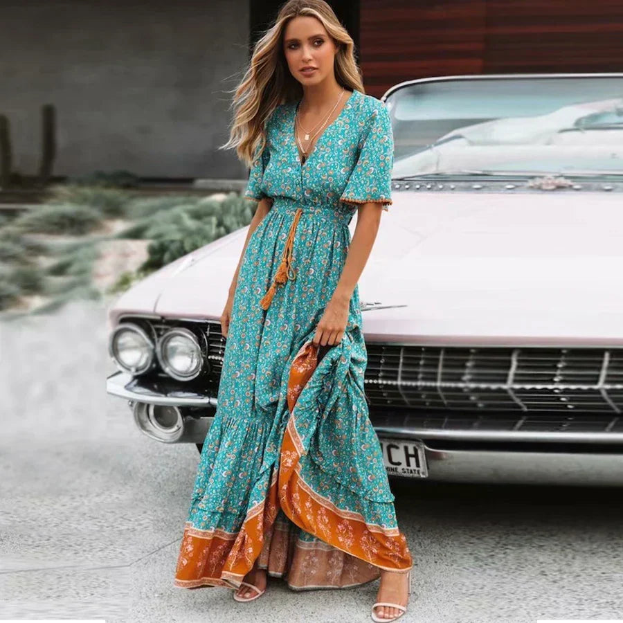 Deep V-neck Floral Boho Summer Dress