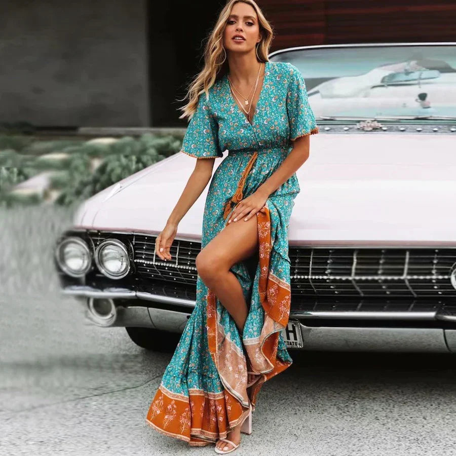 Deep V-neck Floral Boho Summer Dress