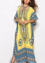 Maxi Kaftan Dress Rayon Ethnic Floral Print Beach Sundress Gold / One Size bohodress-250126
