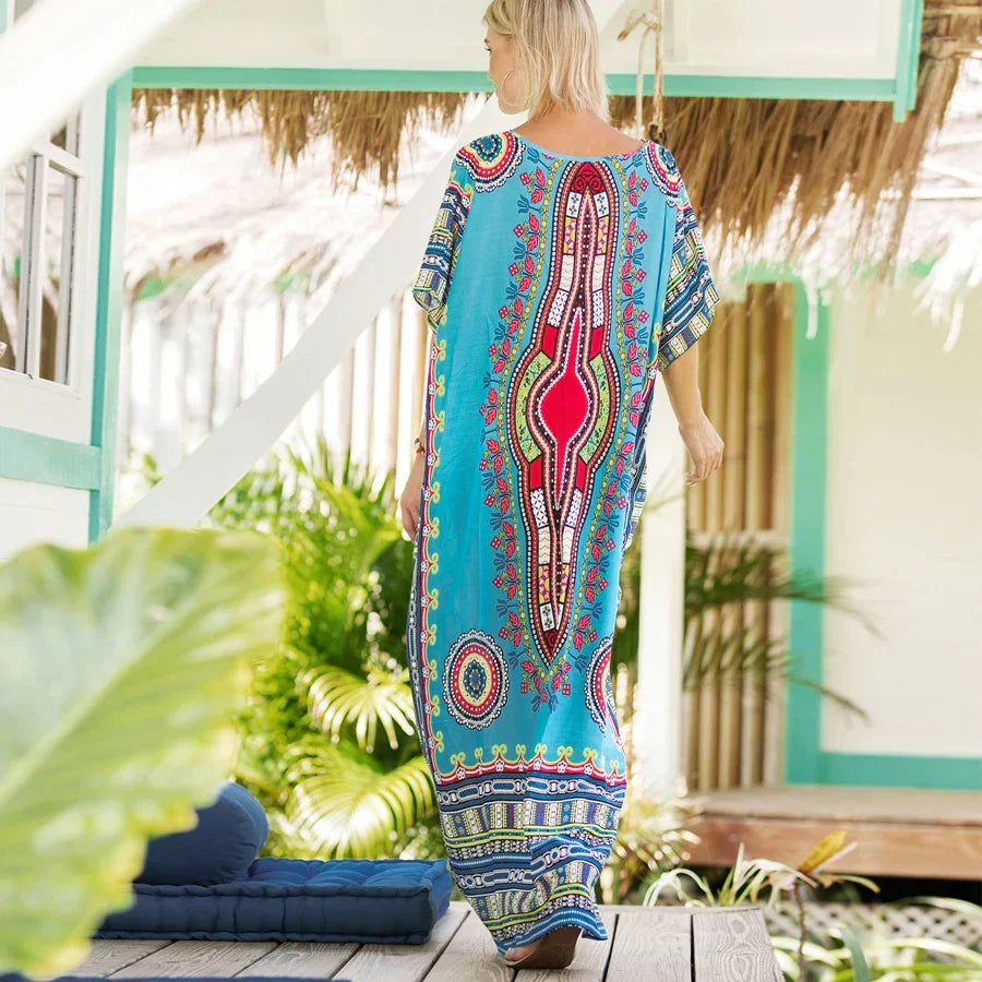Maxi Kaftan Dress Rayon Ethnic Floral Print Beach Sundress
