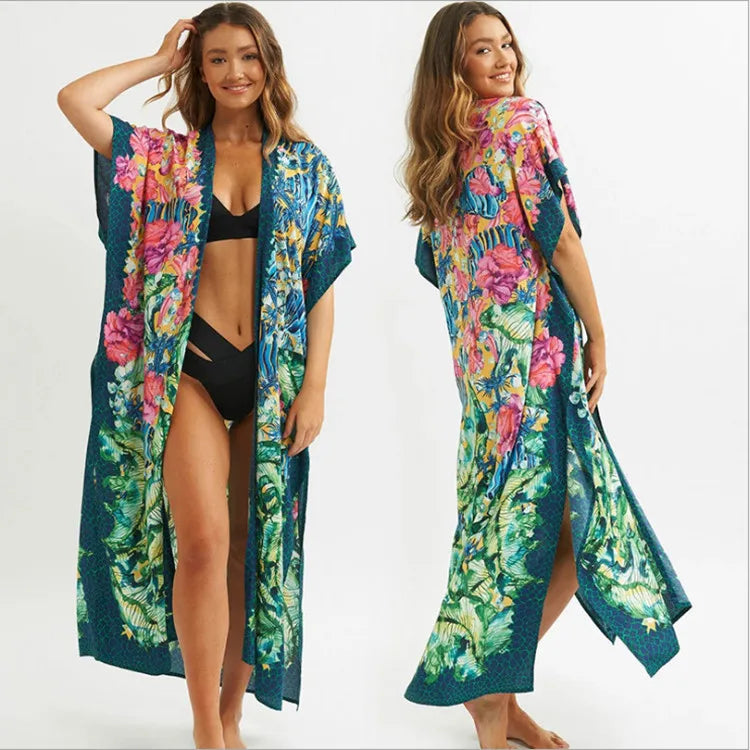 Sexy Side Split Beach Kaftan Tunic Boho Floral Print Summer Dress