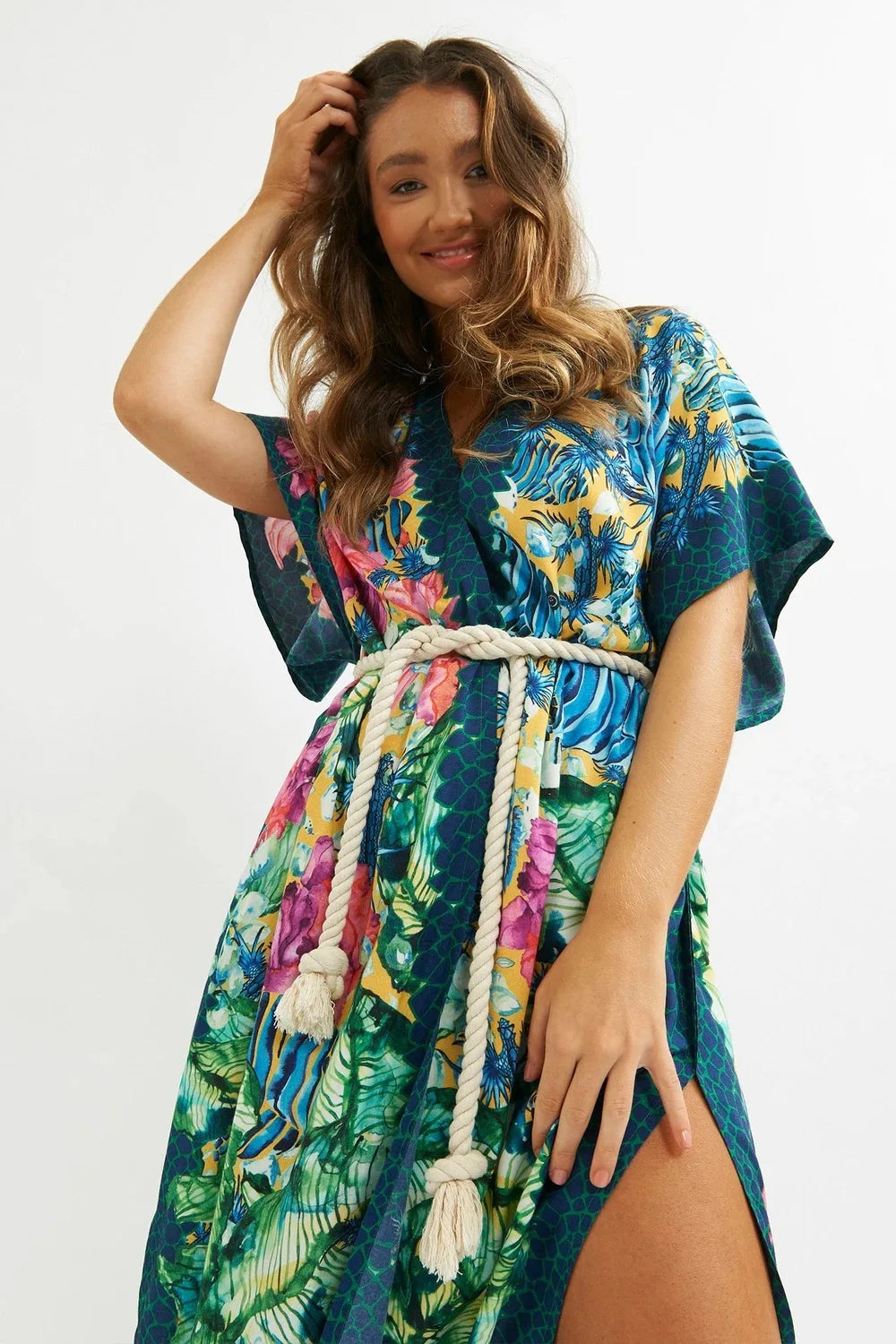 Sexy Side Split Beach Kaftan Tunic Boho Floral Print Summer Dress