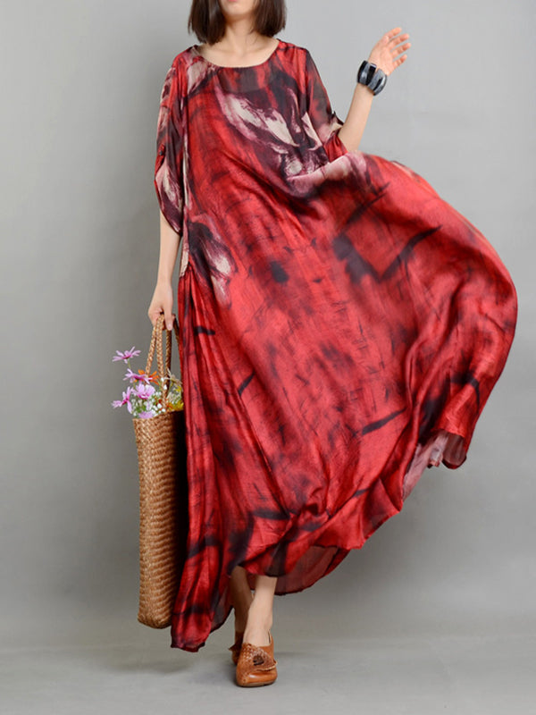 Round Neck Abstract Print Half Sleeve Loose Maxi Dress