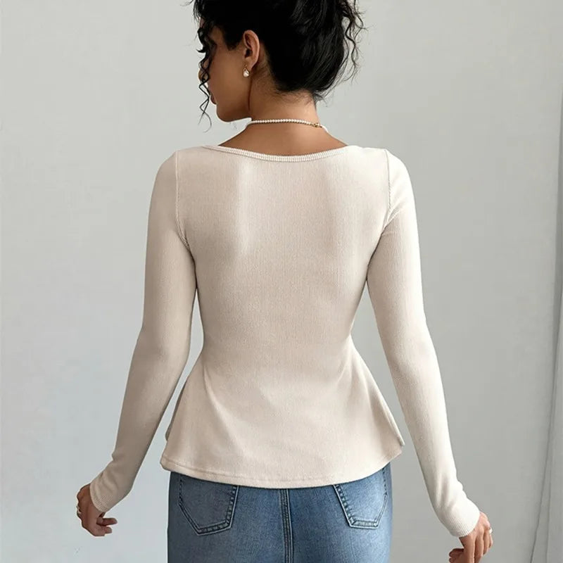 Bow Knit Casual Long Sleeve Ruffled Pullover Slim Knit Top