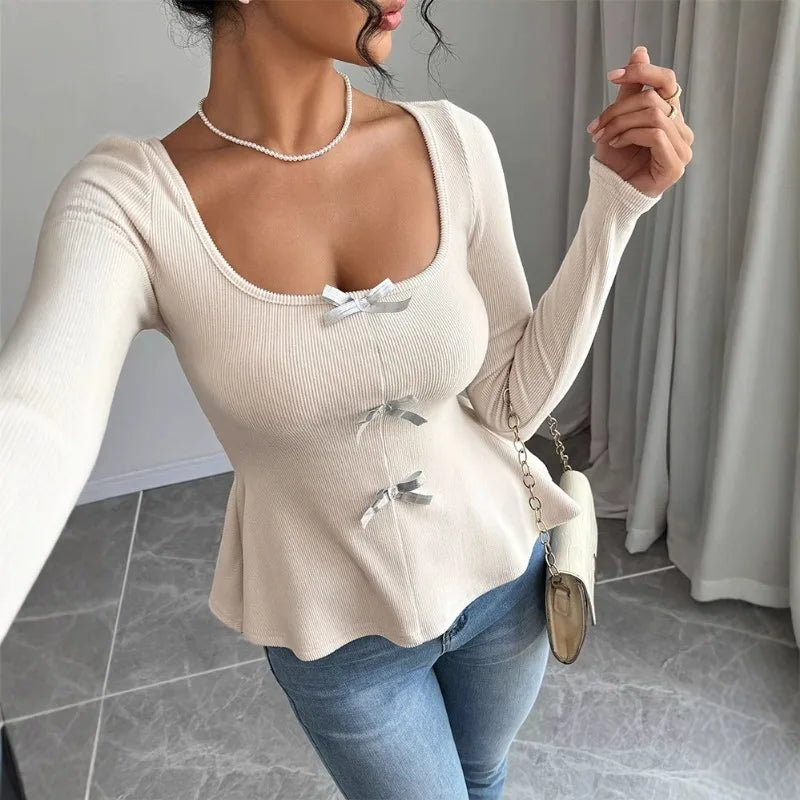Bow Knit Casual Long Sleeve Ruffled Pullover Slim Knit Top Apricot / S knittop-250126