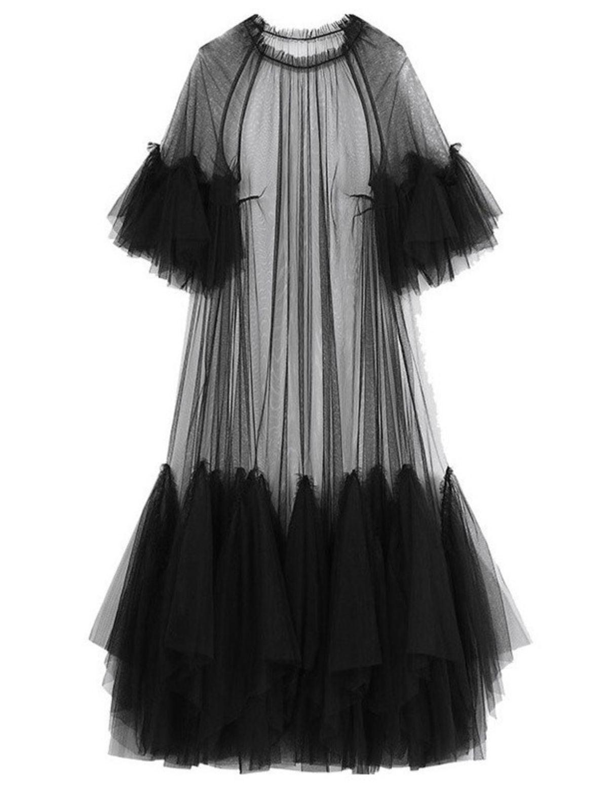 Round Neck Long Sleeve Sheer Mesh Ruffle Hem Maxi Dress