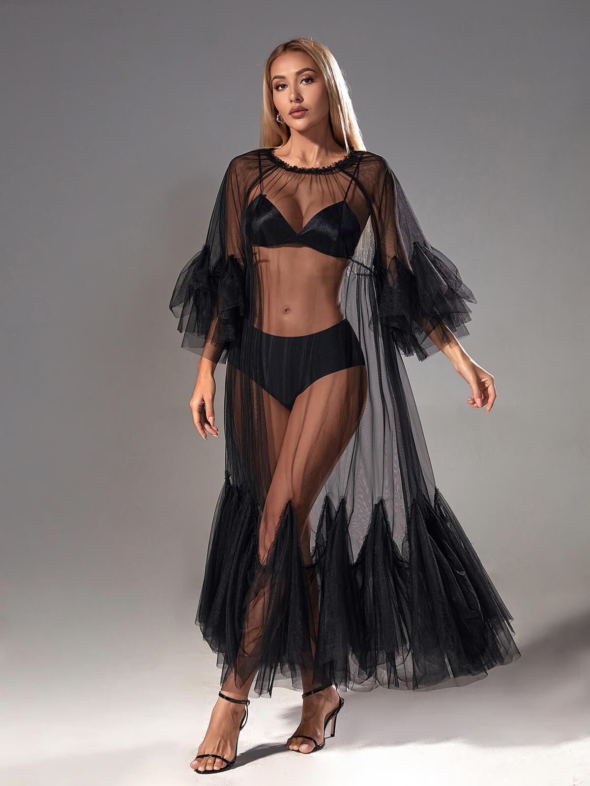 Round Neck Long Sleeve Sheer Mesh Ruffle Hem Maxi Dress