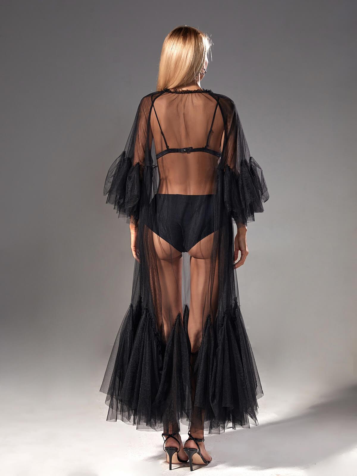 Round Neck Long Sleeve Sheer Mesh Ruffle Hem Maxi Dress