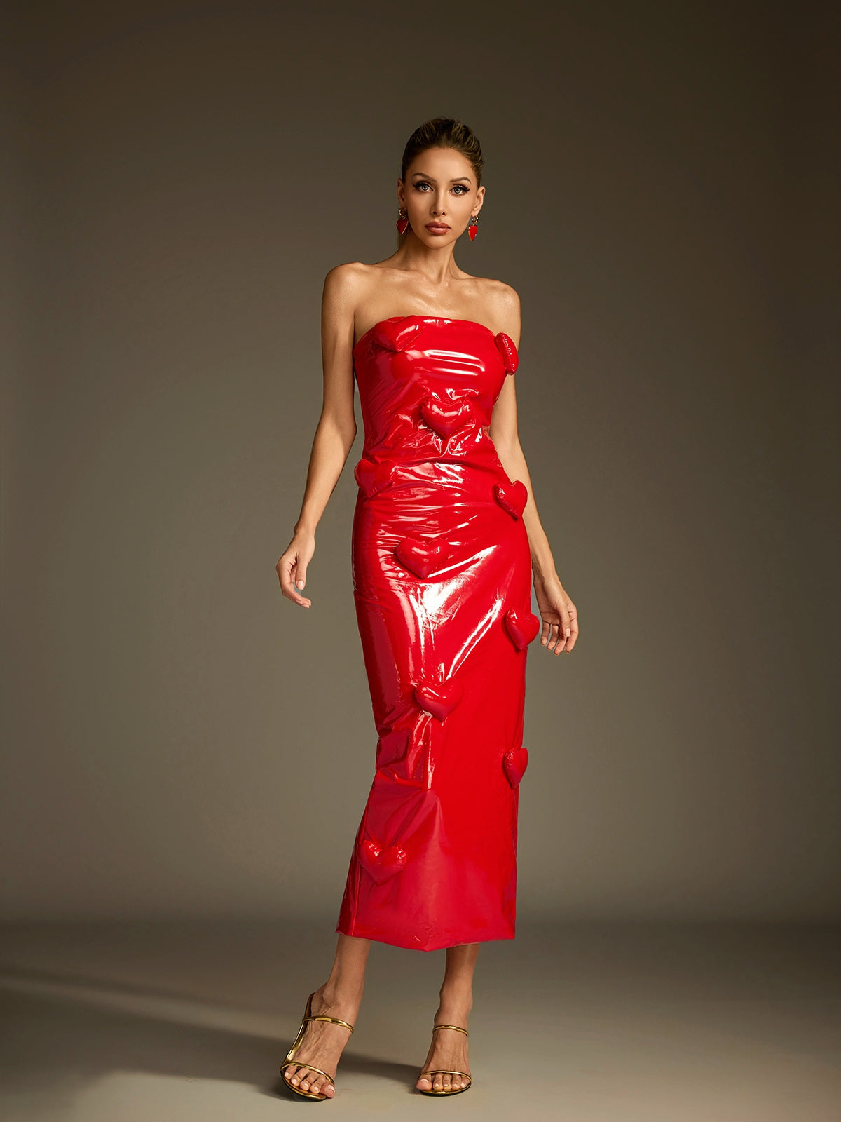 Strapless Heart Leather Midi Dress