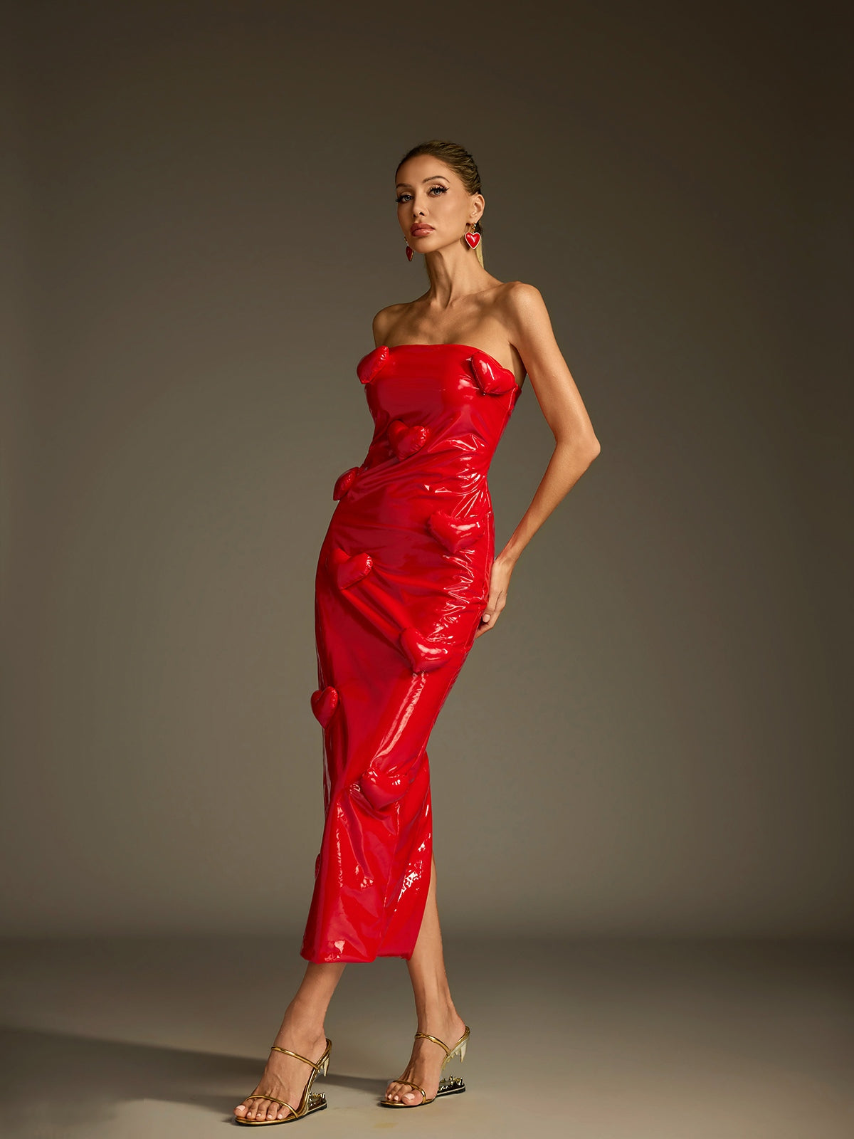 Strapless Heart Leather Midi Dress