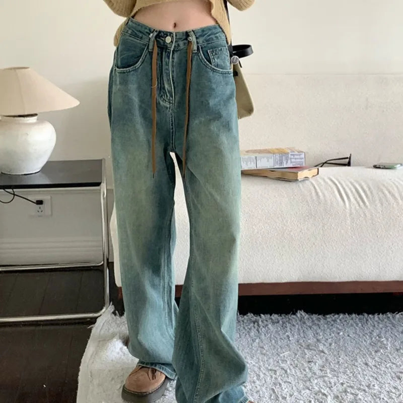 Harajuku Trend Japanese Style High-Waisted Straight New Autumn Leg Fashion Jean Blue / S