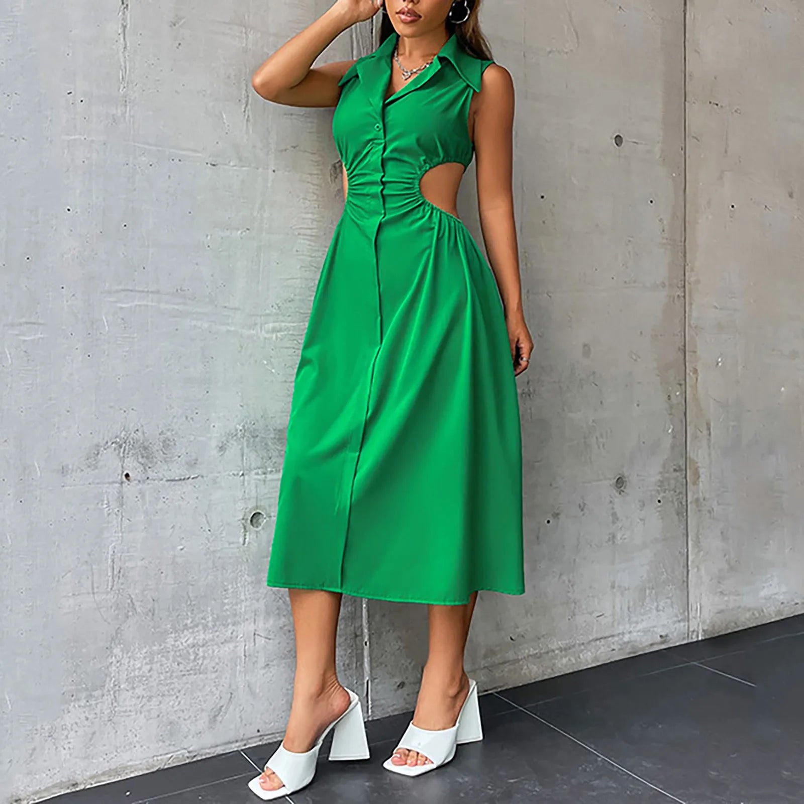 Tempting Sexy Cut Out ALine TurnDown Collar Sleeveless High Waist Slim Midi Dress