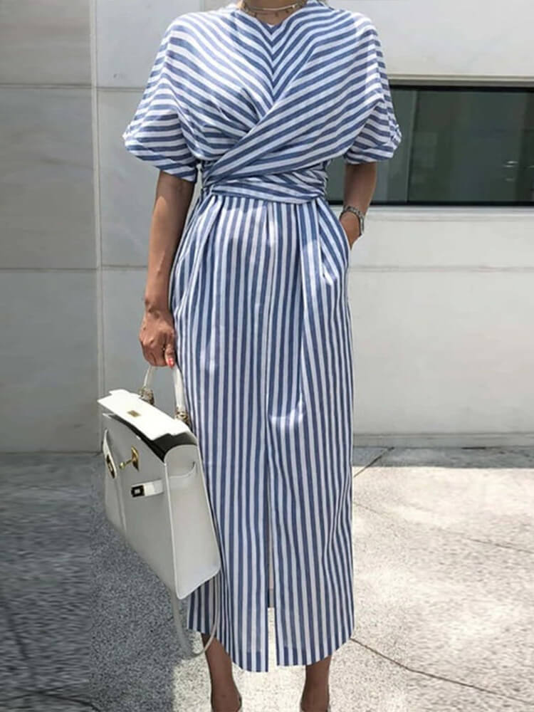 Temperament Striped Short Sleeve Midi Dress