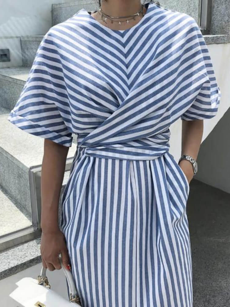 Temperament Striped Short Sleeve Midi Dress