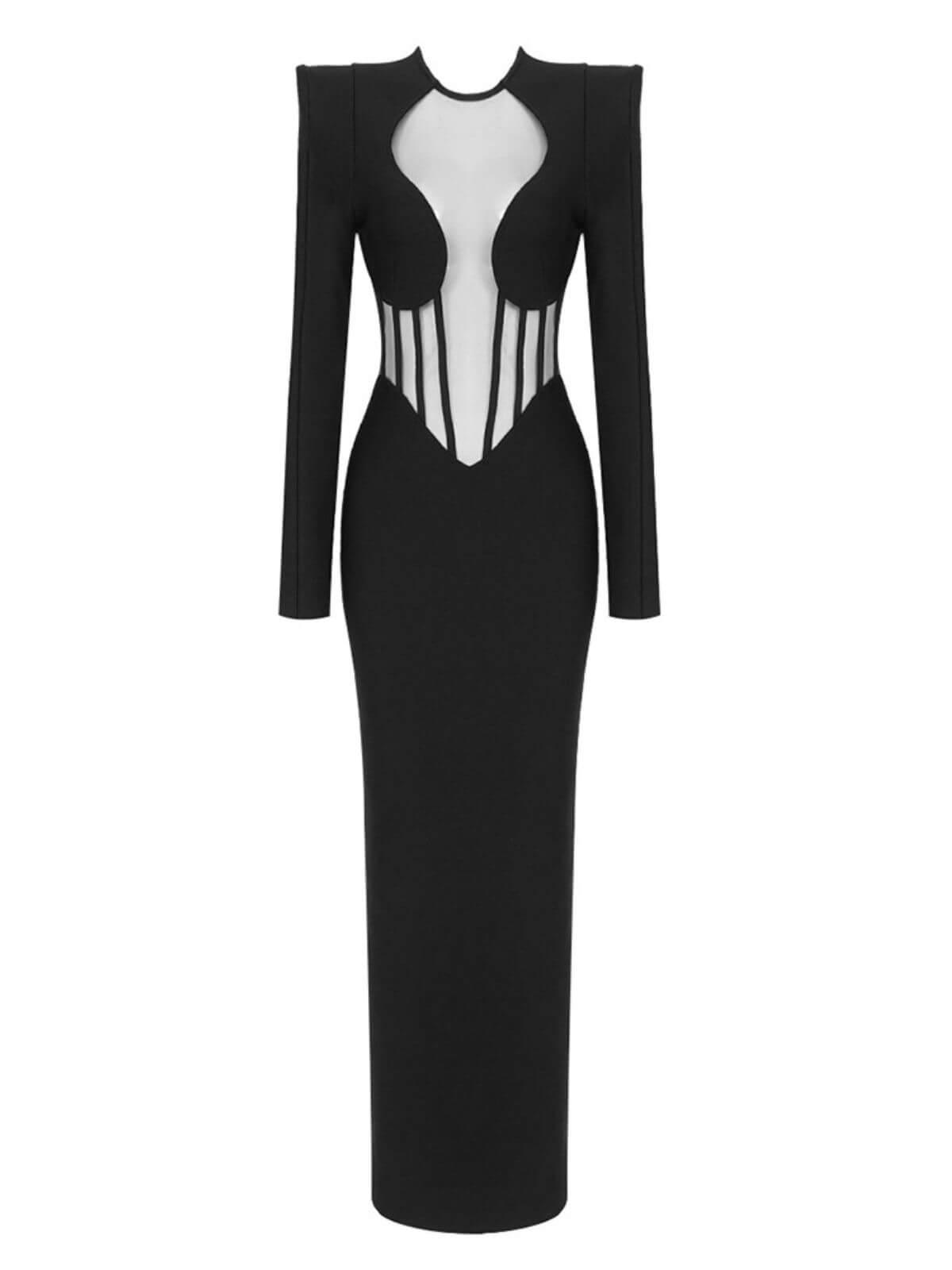 Long Sleeve Mesh Illusion Corset Bandage Bodycon Maxi Dress