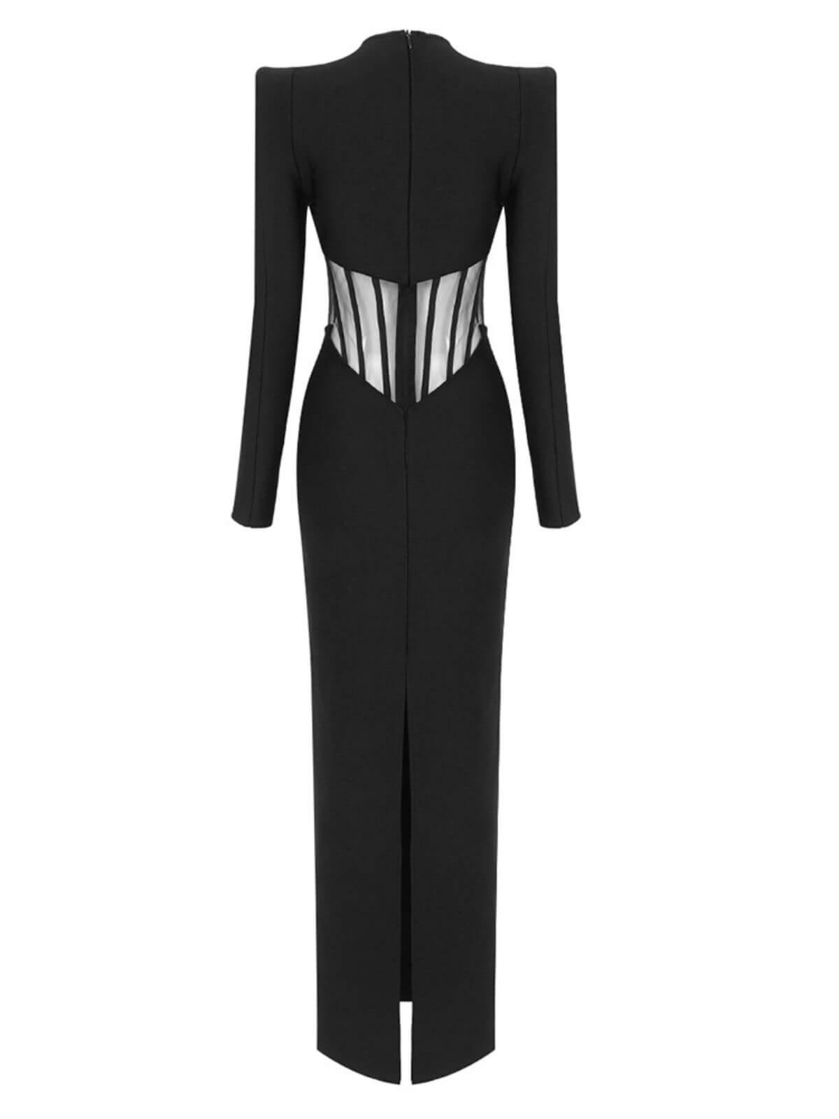 Long Sleeve Mesh Illusion Corset Bandage Bodycon Maxi Dress