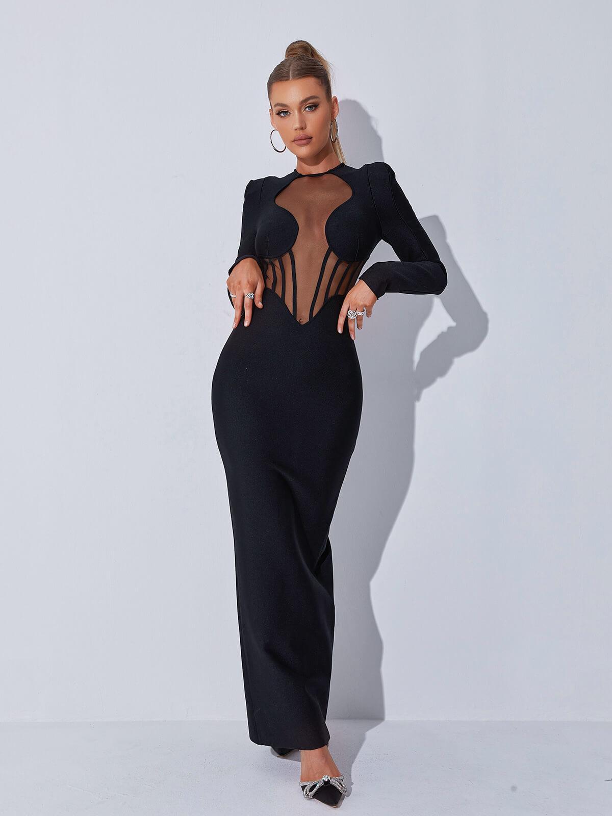 Long Sleeve Mesh Illusion Corset Bandage Bodycon Maxi Dress