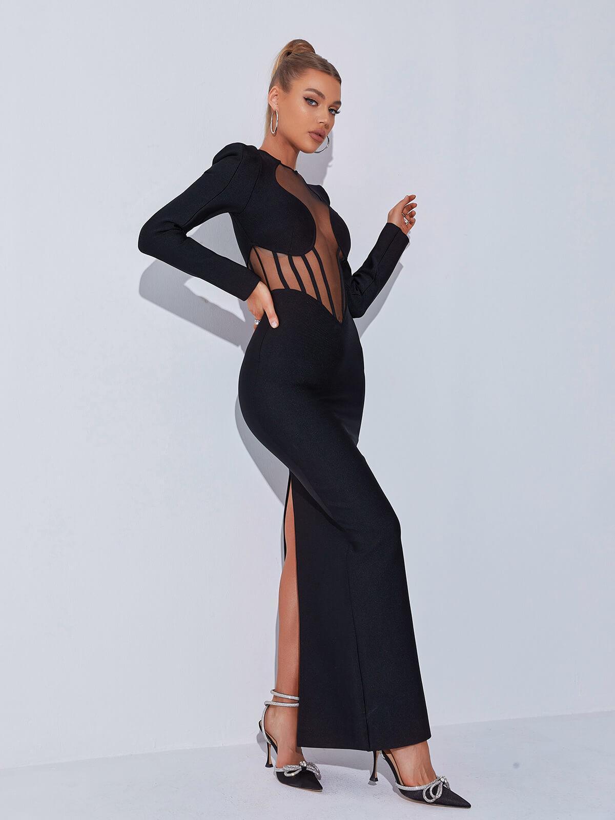 Long Sleeve Mesh Illusion Corset Bandage Bodycon Maxi Dress