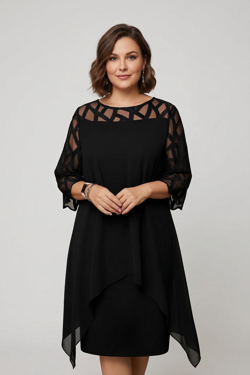 Round Neck Illusion Mesh Yoke Chiffon Overlay Shift Midi Dress