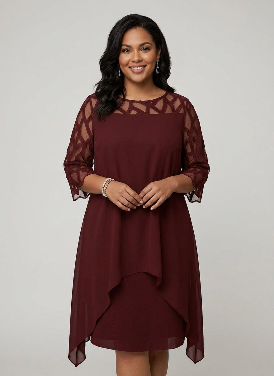Round Neck Illusion Mesh Yoke Chiffon Overlay Shift Midi Dress 5