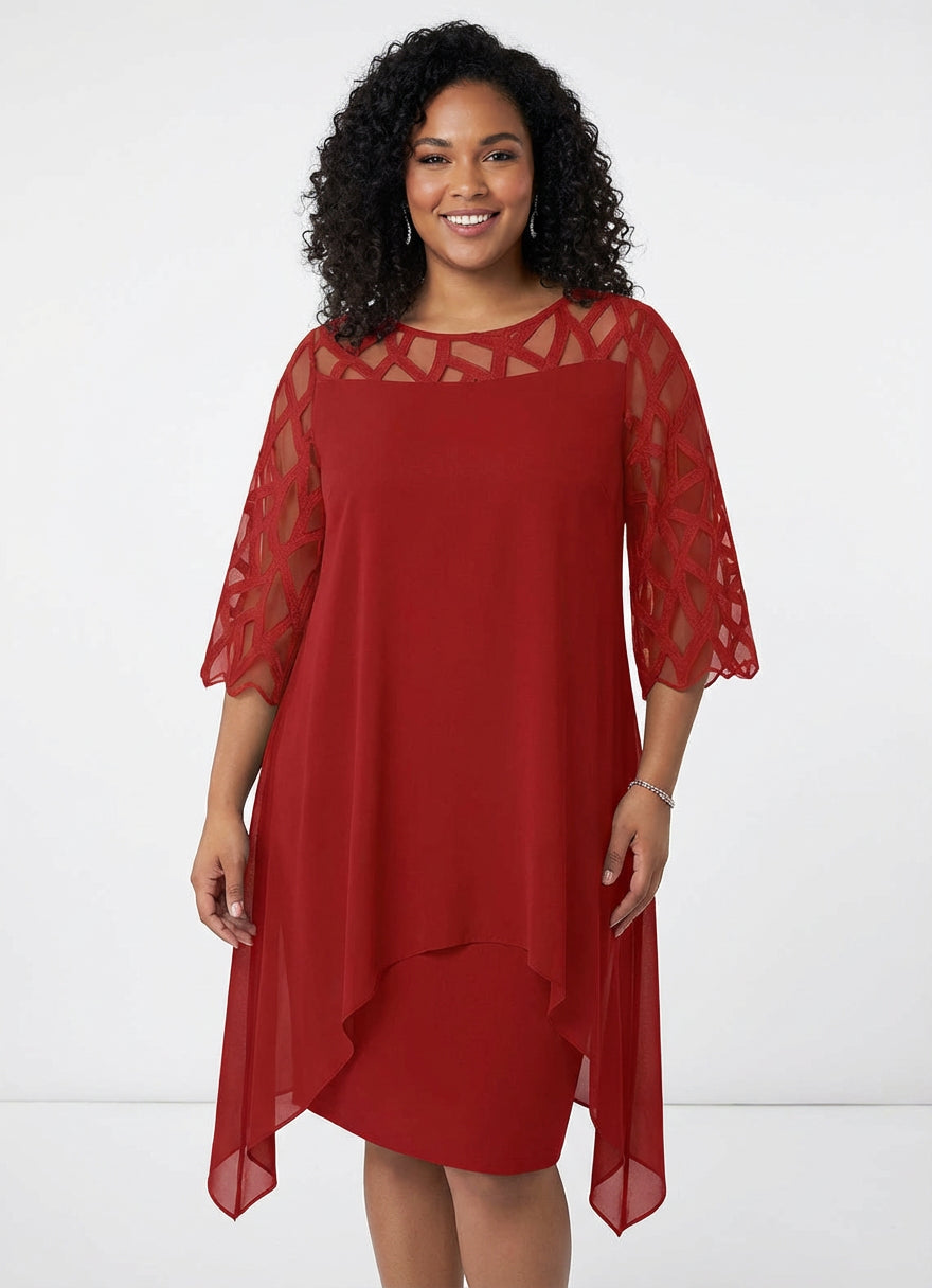 Round Neck Illusion Mesh Yoke Chiffon Overlay Shift Midi Dress 7