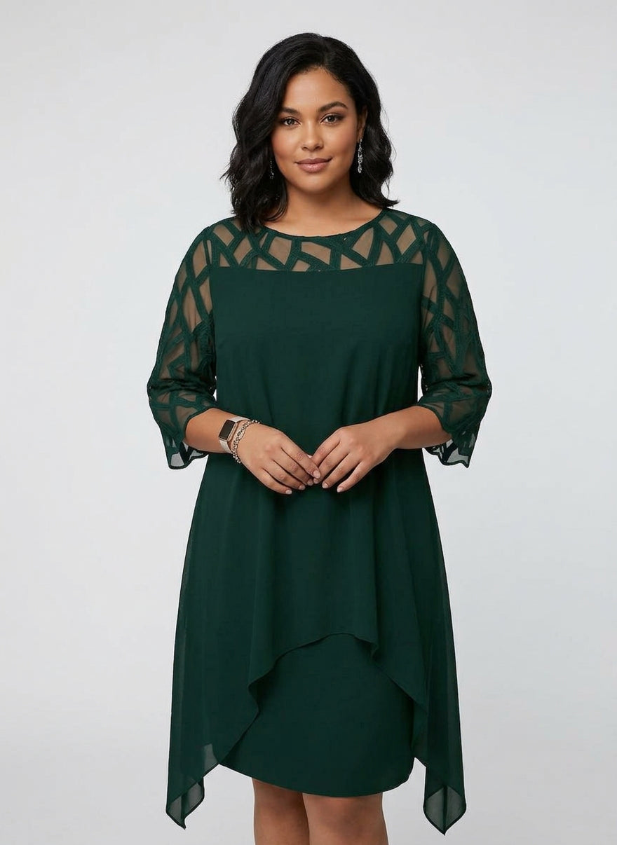 Round Neck Illusion Mesh Yoke Chiffon Overlay Shift Midi Dress 6