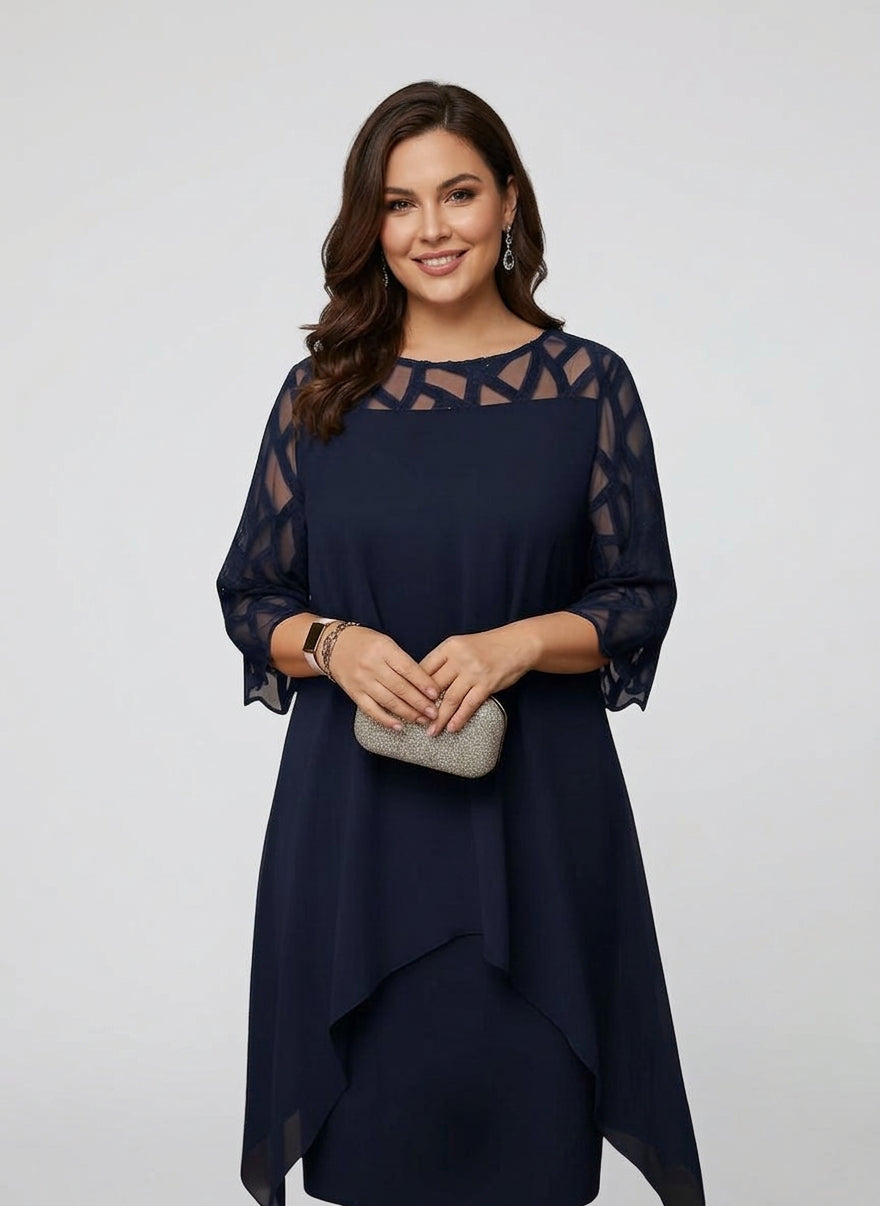 Round Neck Illusion Mesh Yoke Chiffon Overlay Shift Midi Dress 4
