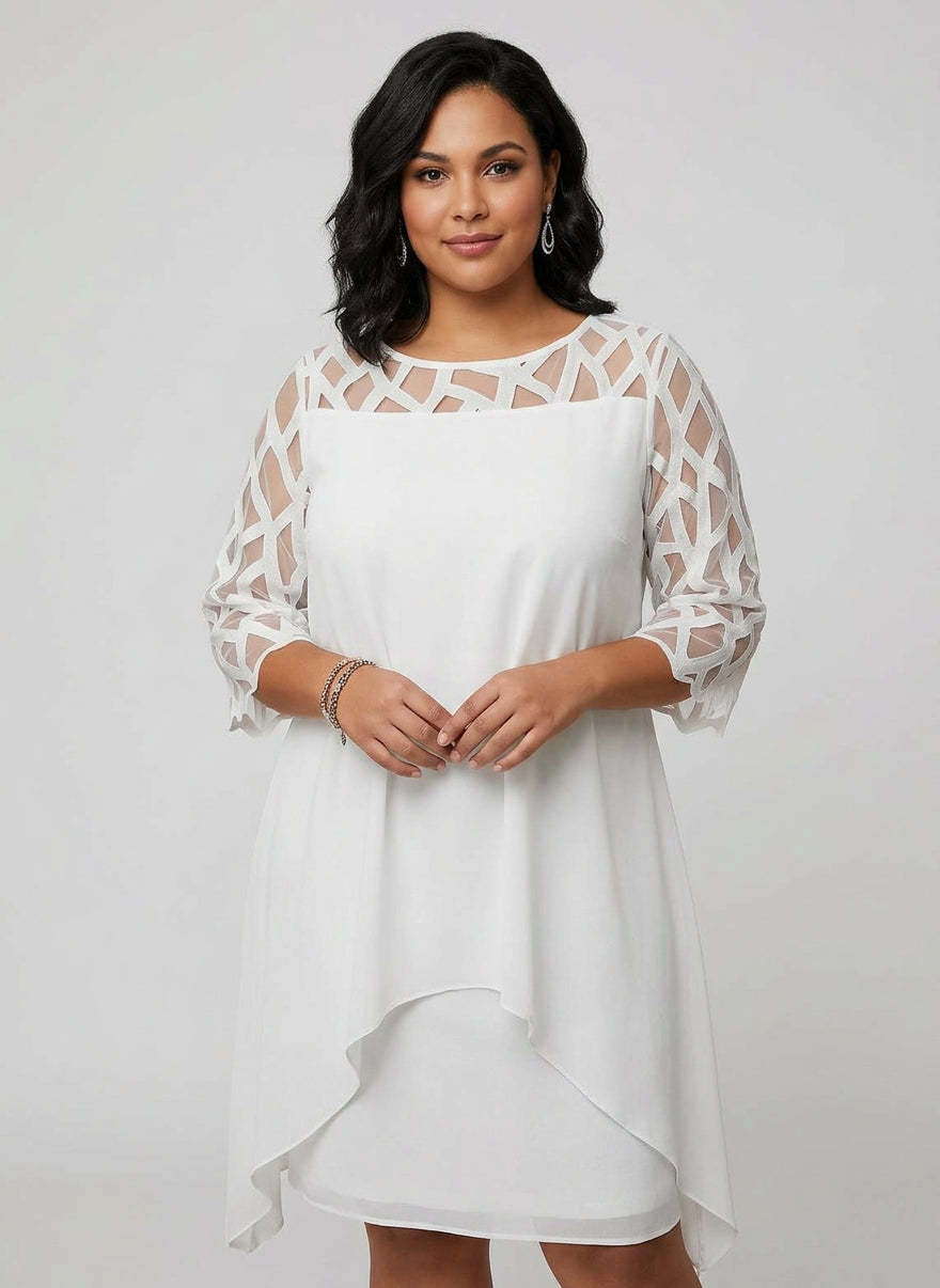 Round Neck Illusion Mesh Yoke Chiffon Overlay Shift Midi Dress 2