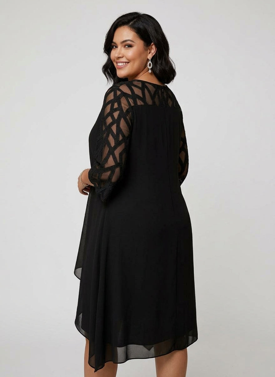 Round Neck Illusion Mesh Yoke Chiffon Overlay Shift Midi Dress 3