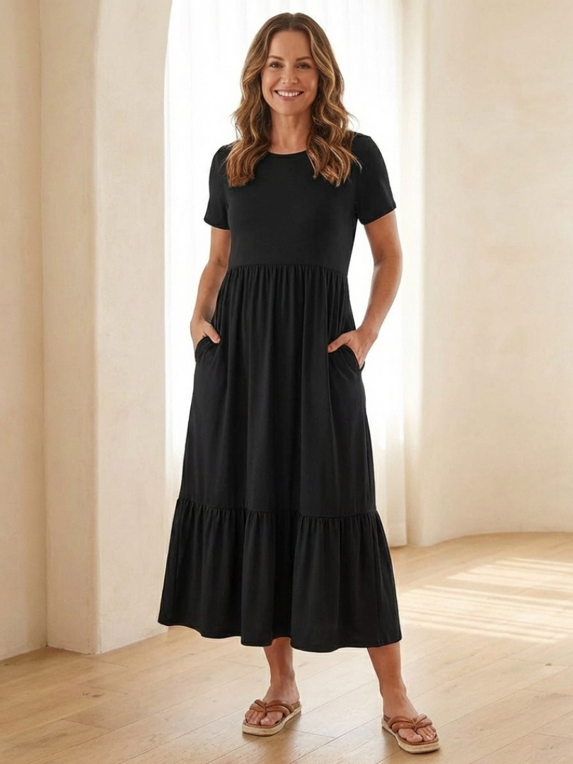 Round Neck Short Sleeve Tiered Pocket Flowy Midi Dress