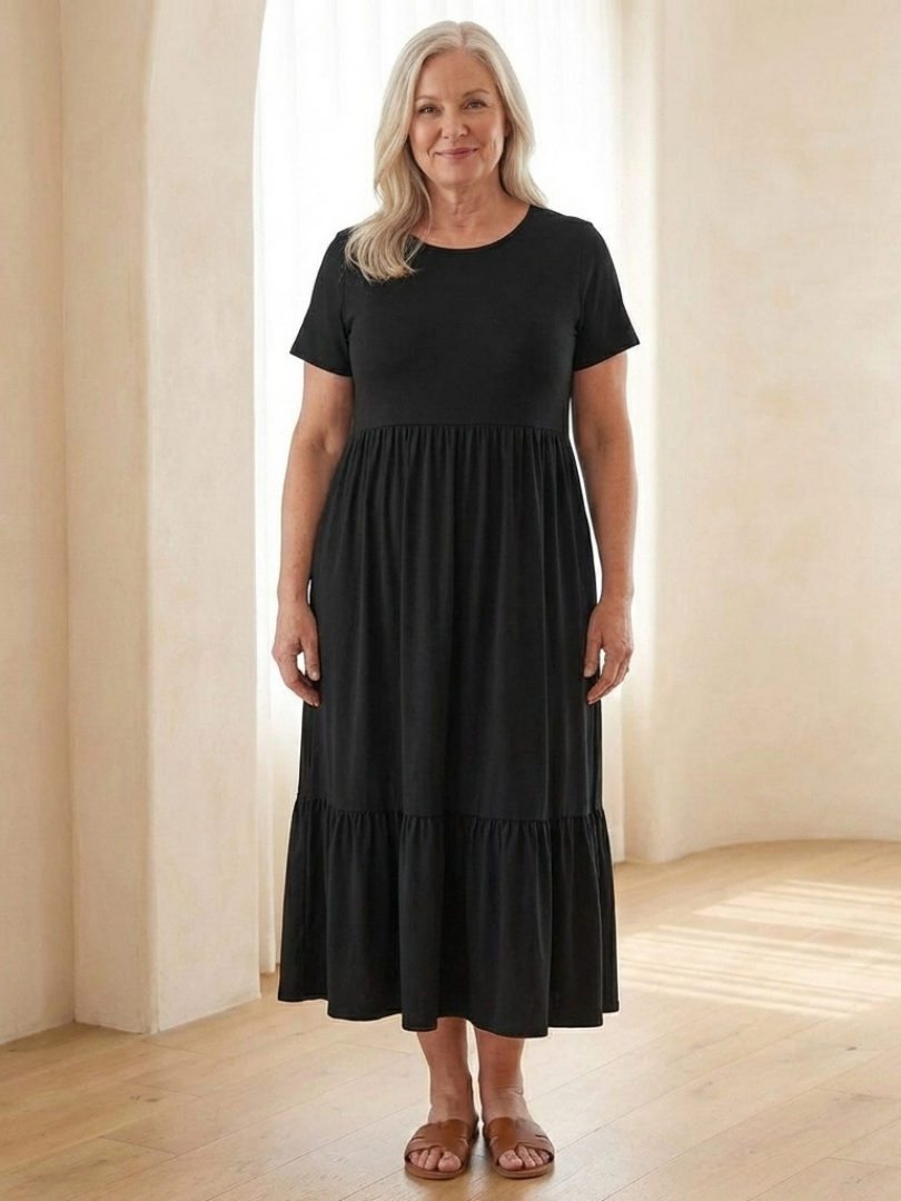 Round Neck Short Sleeve Tiered Pocket Flowy Midi Dress 2