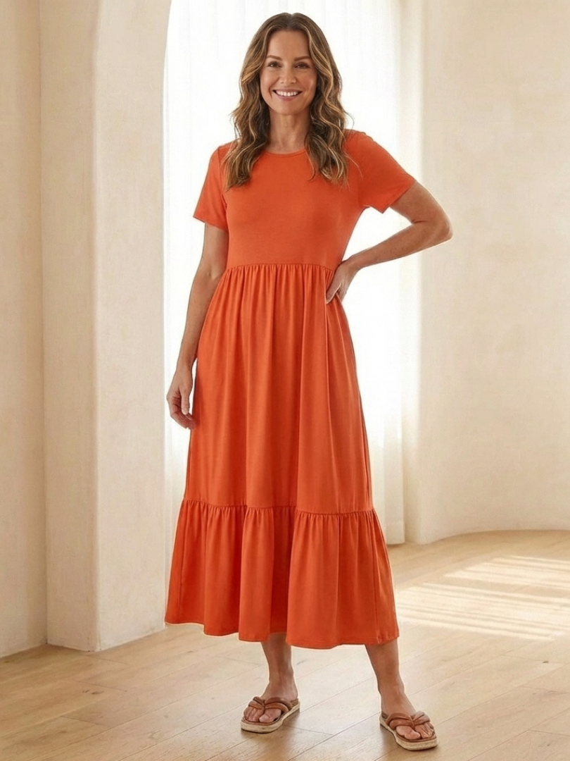 Round Neck Short Sleeve Tiered Pocket Flowy Midi Dress 3