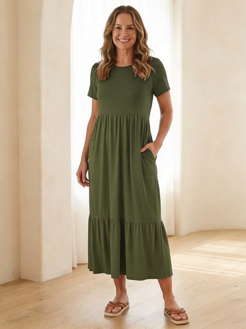 Round Neck Short Sleeve Tiered Pocket Flowy Midi Dress 5