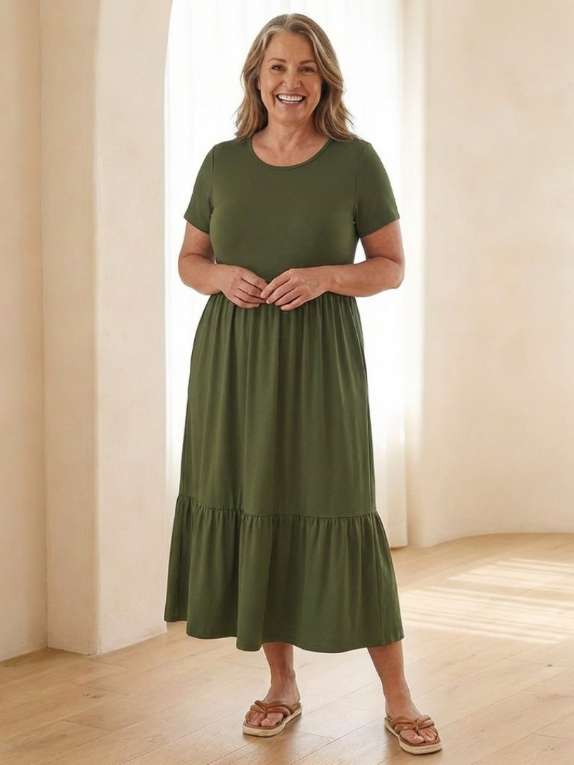Round Neck Short Sleeve Tiered Pocket Flowy Midi Dress 6