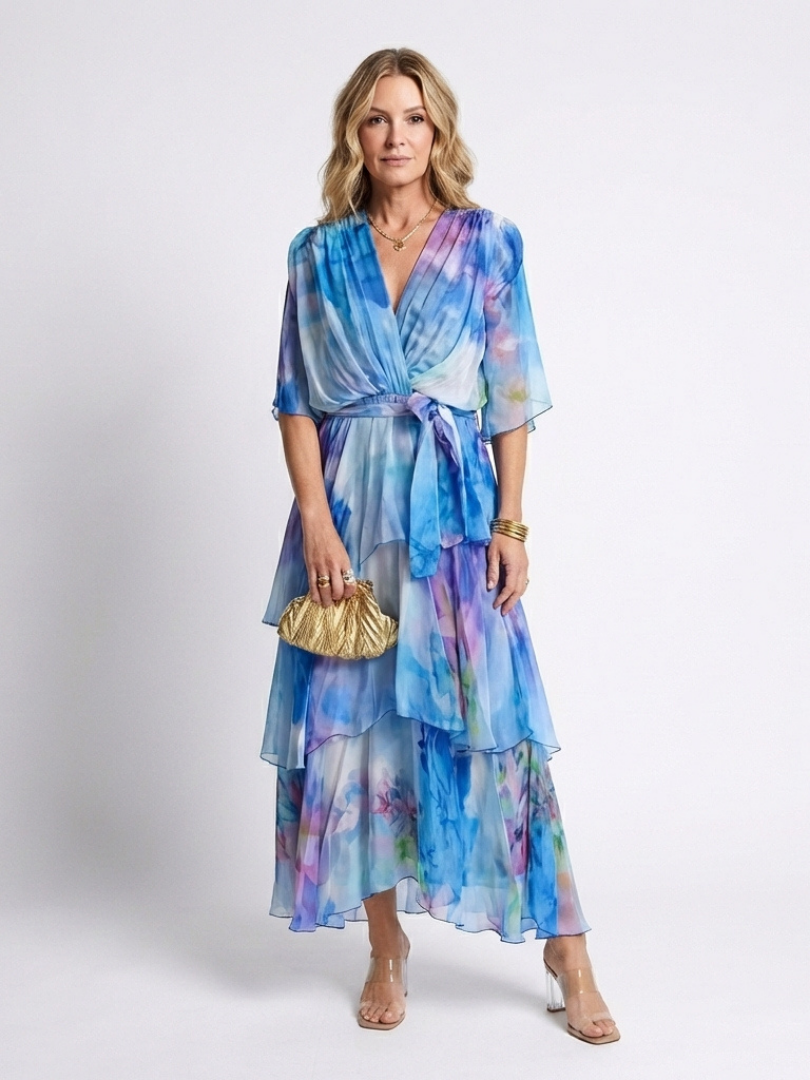 Surplice V-Neck Watercolor Floral Chiffon Tie Waist Tiered Maxi Dress