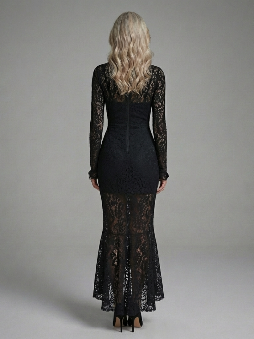 Black High Neck Long Sleeve Lace Mermaid Midi Dress 3