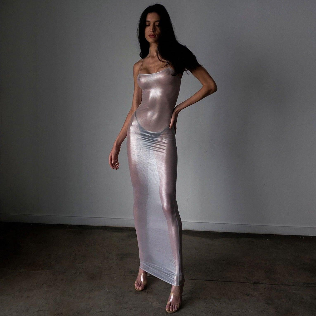 Silver Spaghetti Strap Sheer Metallic Mesh Bodycon Maxi Dress 2